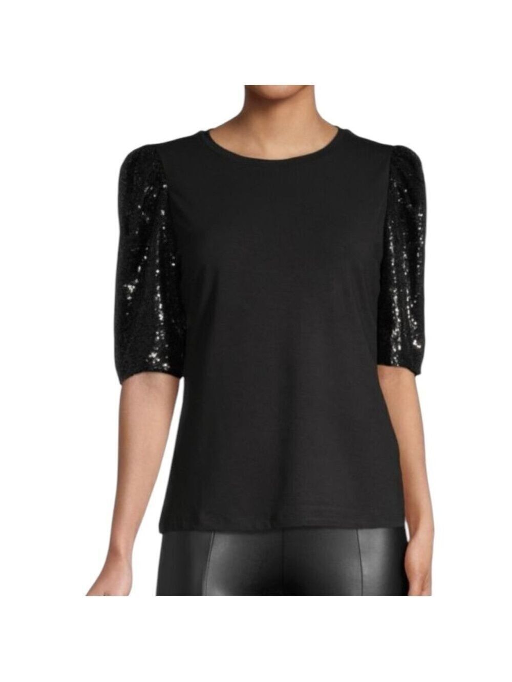 ELIE TAHARI Sequin Puff Sleeve T-Shirt Blouse Black Sz L